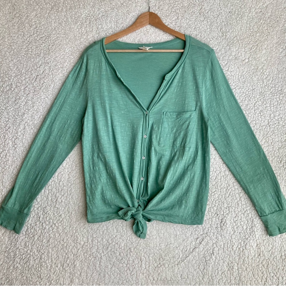 Caslon Women’s tie front long sleeve V-neck button down slub cotton top, Sz XS - Picture 3 of 13